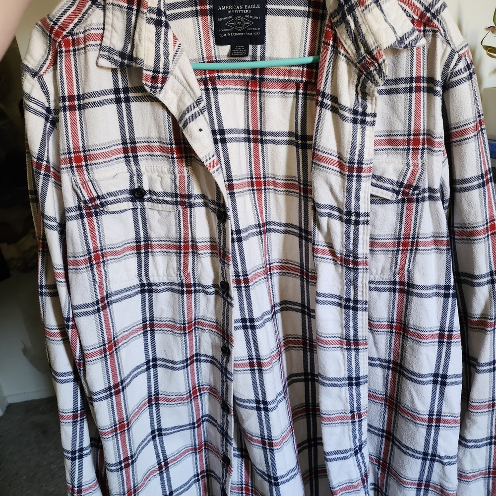 American Eagle Plaid Button-Up Shirt - Cream with Navy & Red